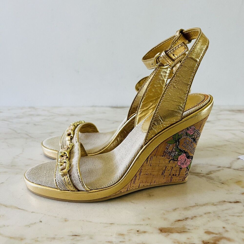 COACH Ellette Gold Beige Cork Wedge Heel Sandals - US 8.5 - Picture 7 of 11